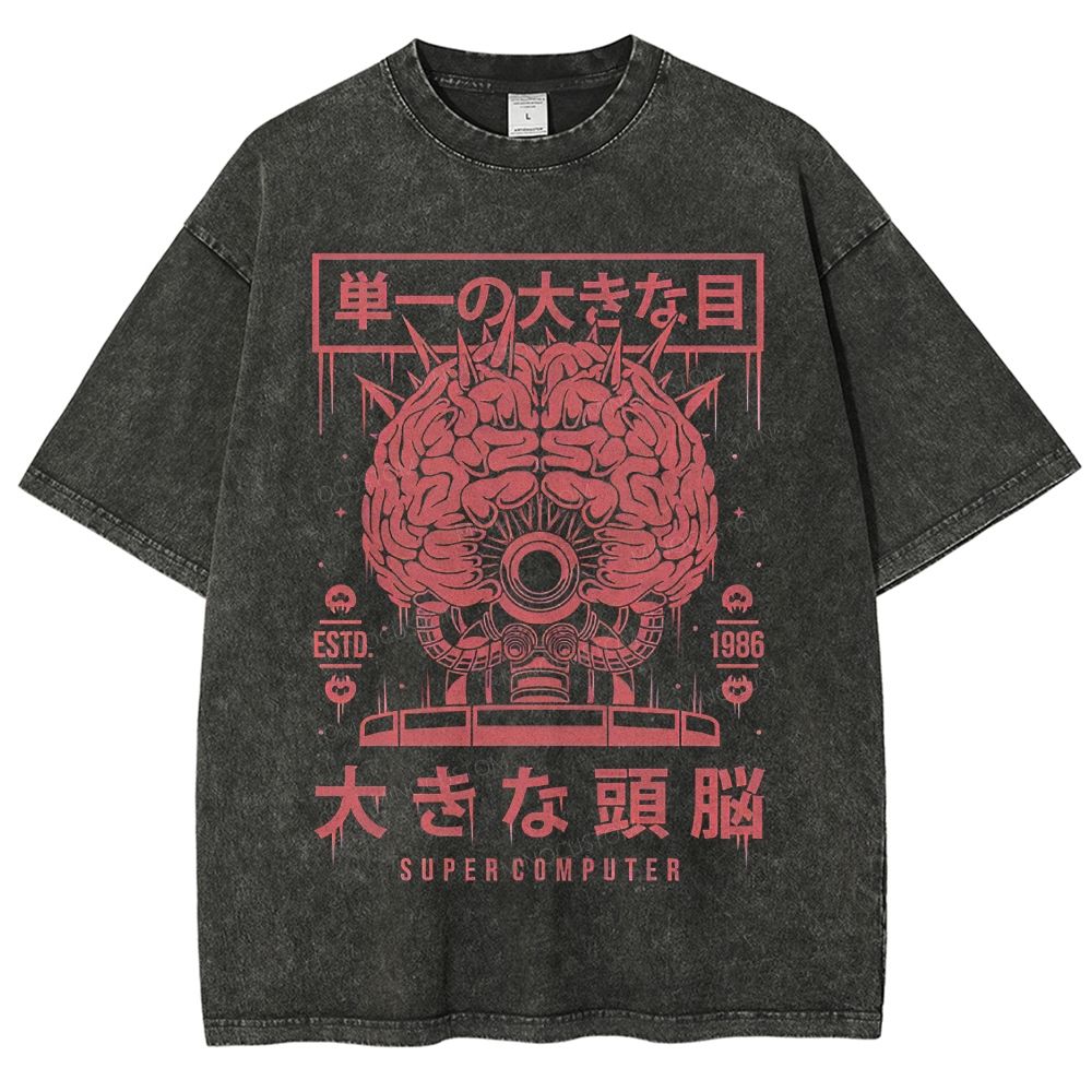 Japanese Retro Cyber Brain Supercomputer Graphic Washed T-Shirt