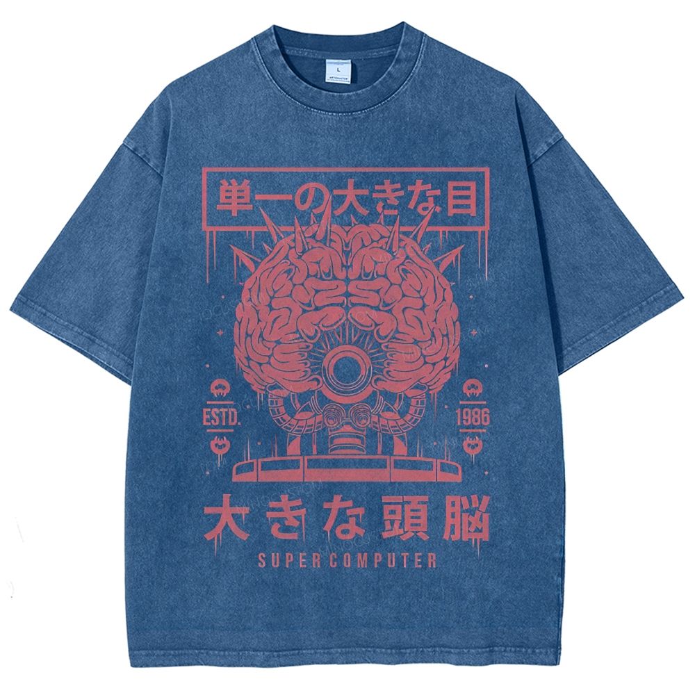 Japanese Retro Cyber Brain Supercomputer Graphic Washed T-Shirt