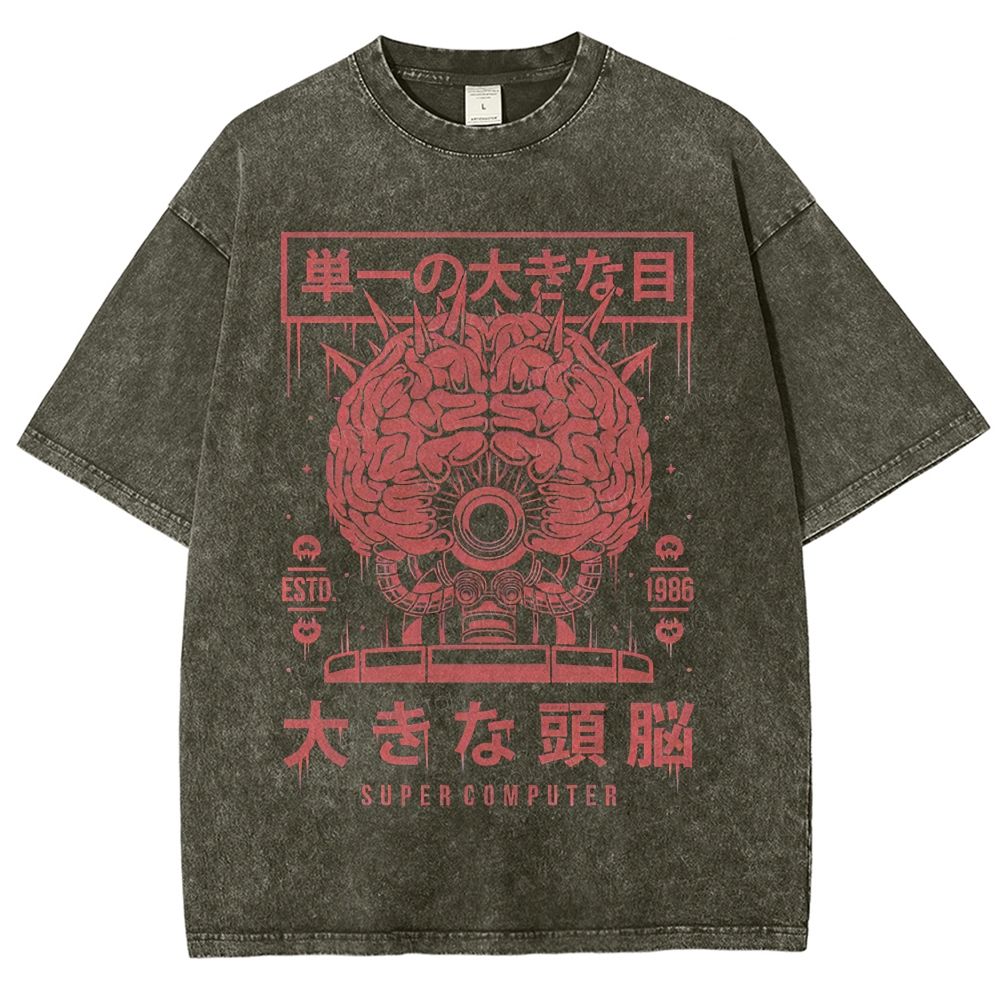 Japanese Retro Cyber Brain Supercomputer Graphic Washed T-Shirt