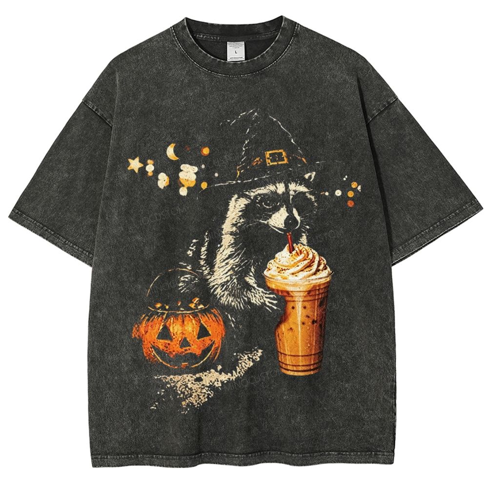 Halloween Witch Raccoon Pumpkin Spice Latte Washed T-Shirt