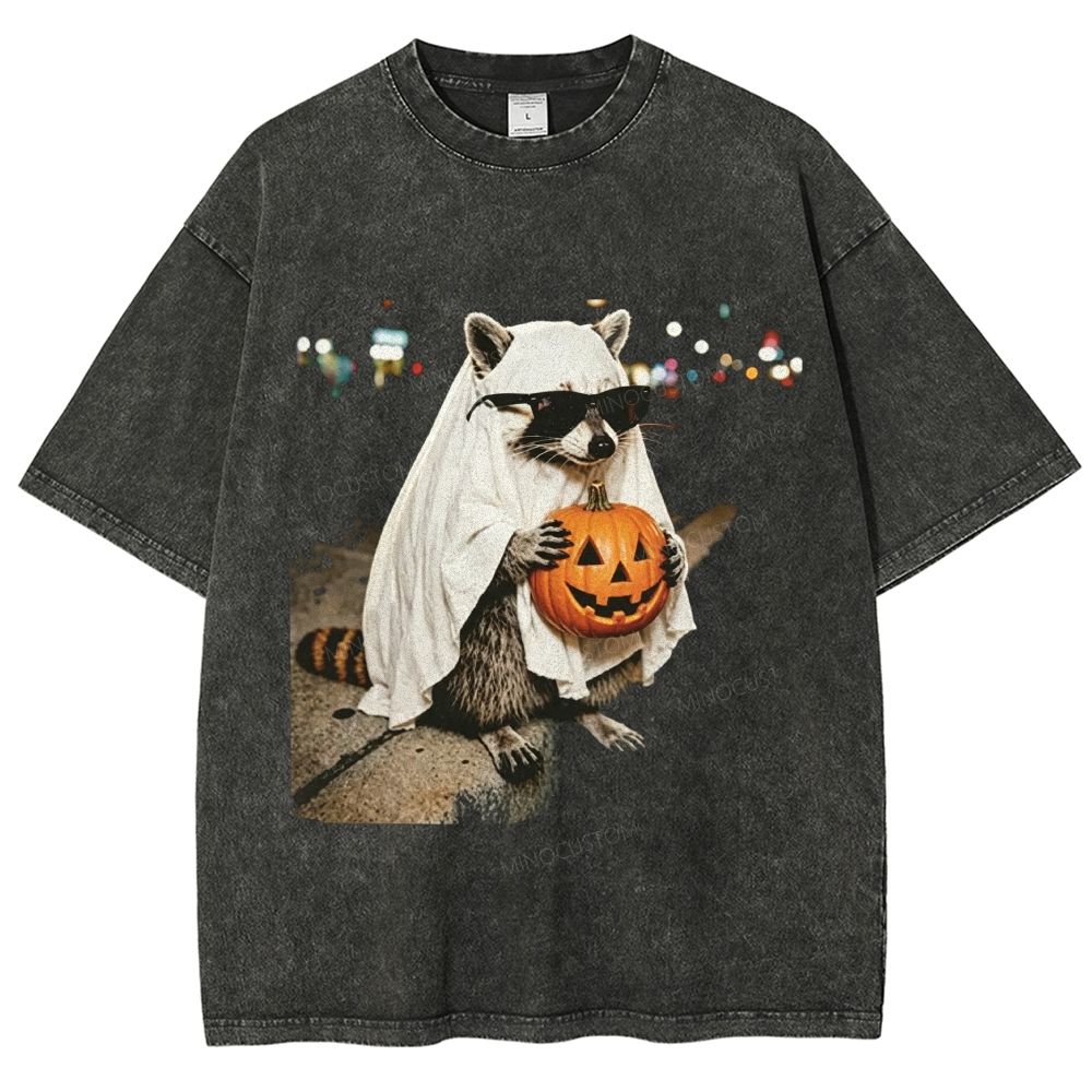 Cute Ghost Raccoon Pumpkin Halloween Spooky Funny Washed T-Shirt
