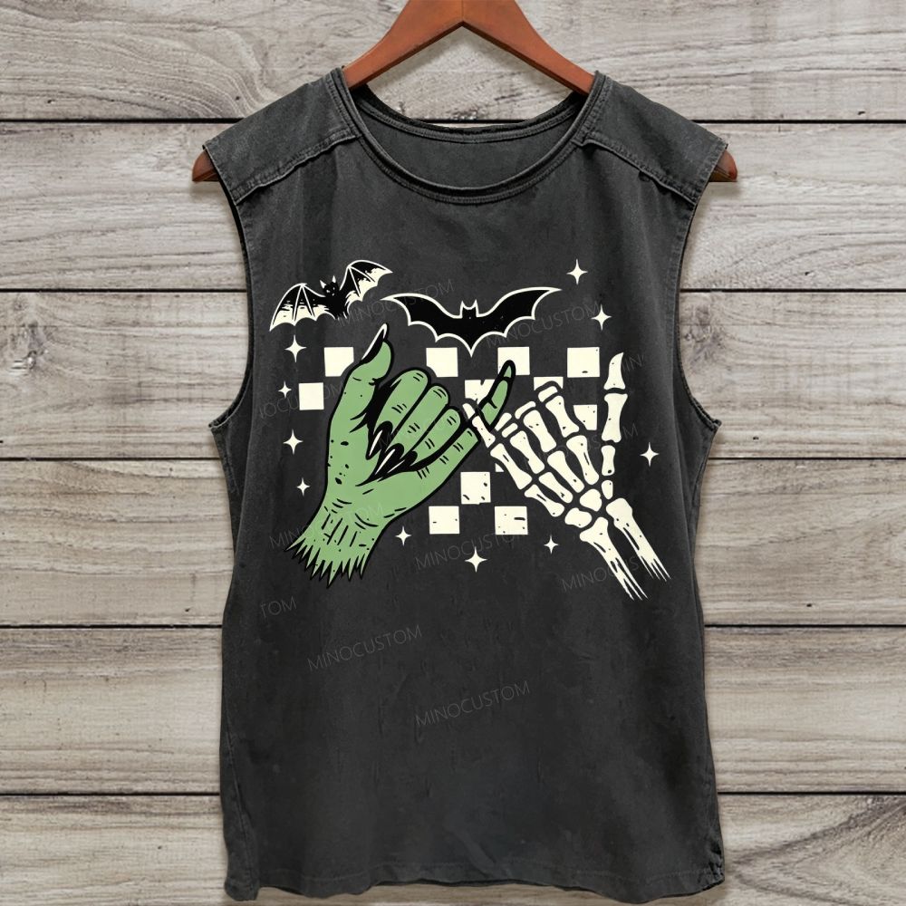 Spooky Zombie Skeleton Hand Rock Gesture Bat Checker Washed Tank Top