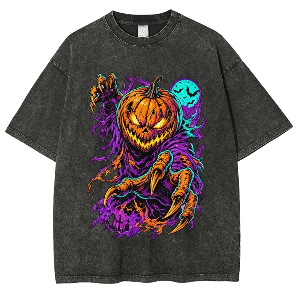 Scary Pumpkin Demon Halloween Graphic Washed T-Shirt