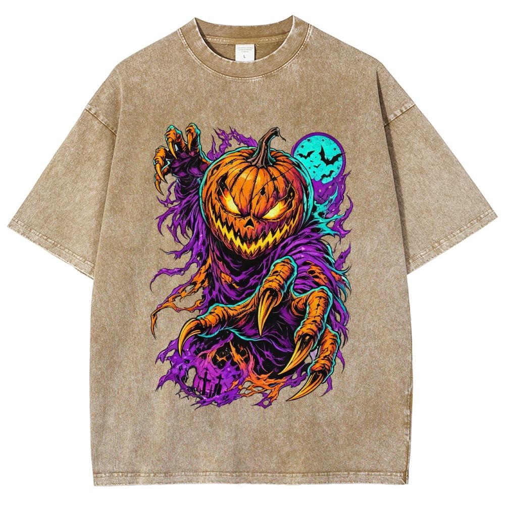 Scary Pumpkin Demon Halloween Graphic Washed T-Shirt