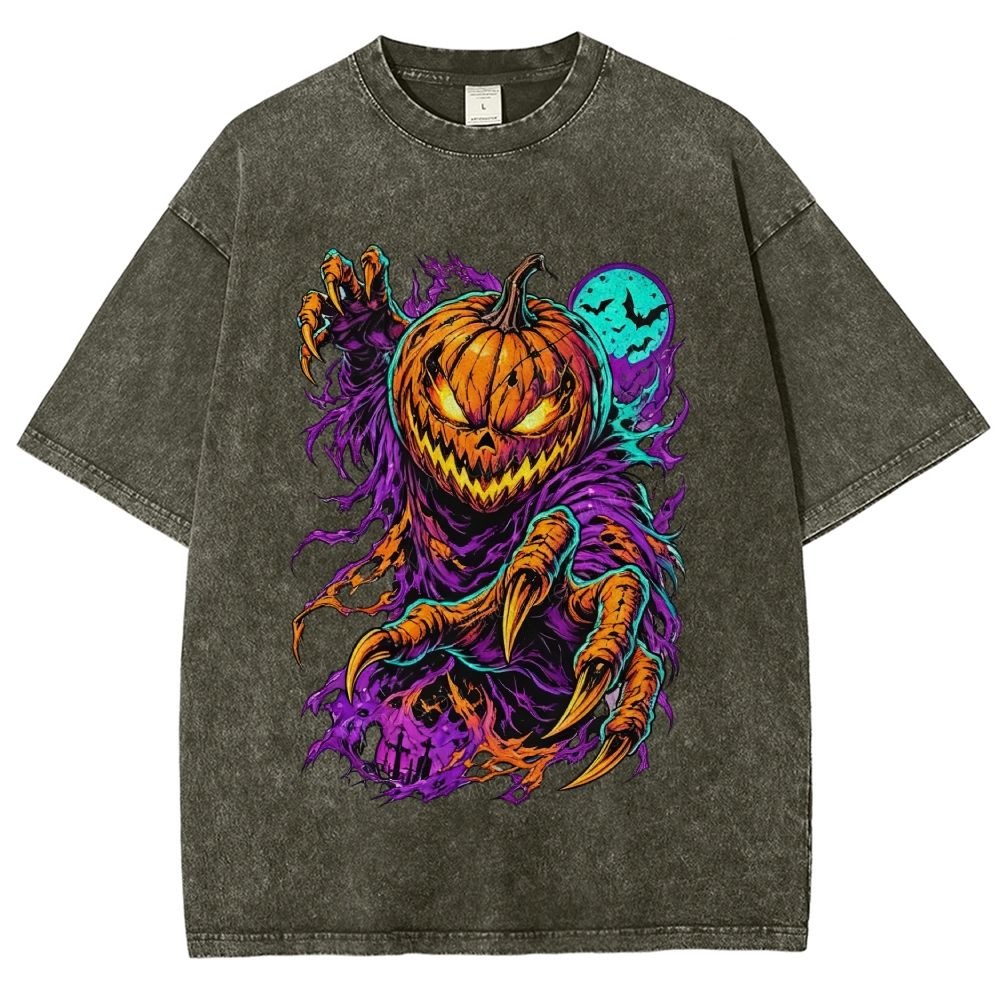 Scary Pumpkin Demon Halloween Graphic Washed T-Shirt