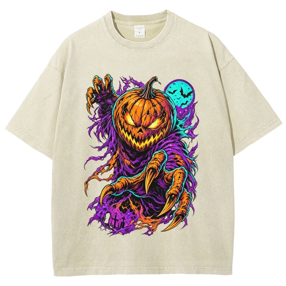 Scary Pumpkin Demon Halloween Graphic Washed T-Shirt