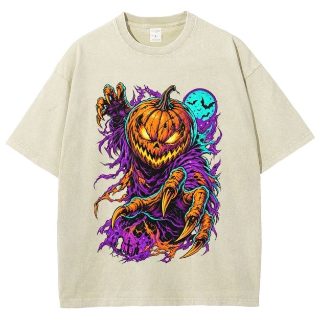 Scary Pumpkin Demon Halloween Graphic Washed T-Shirt