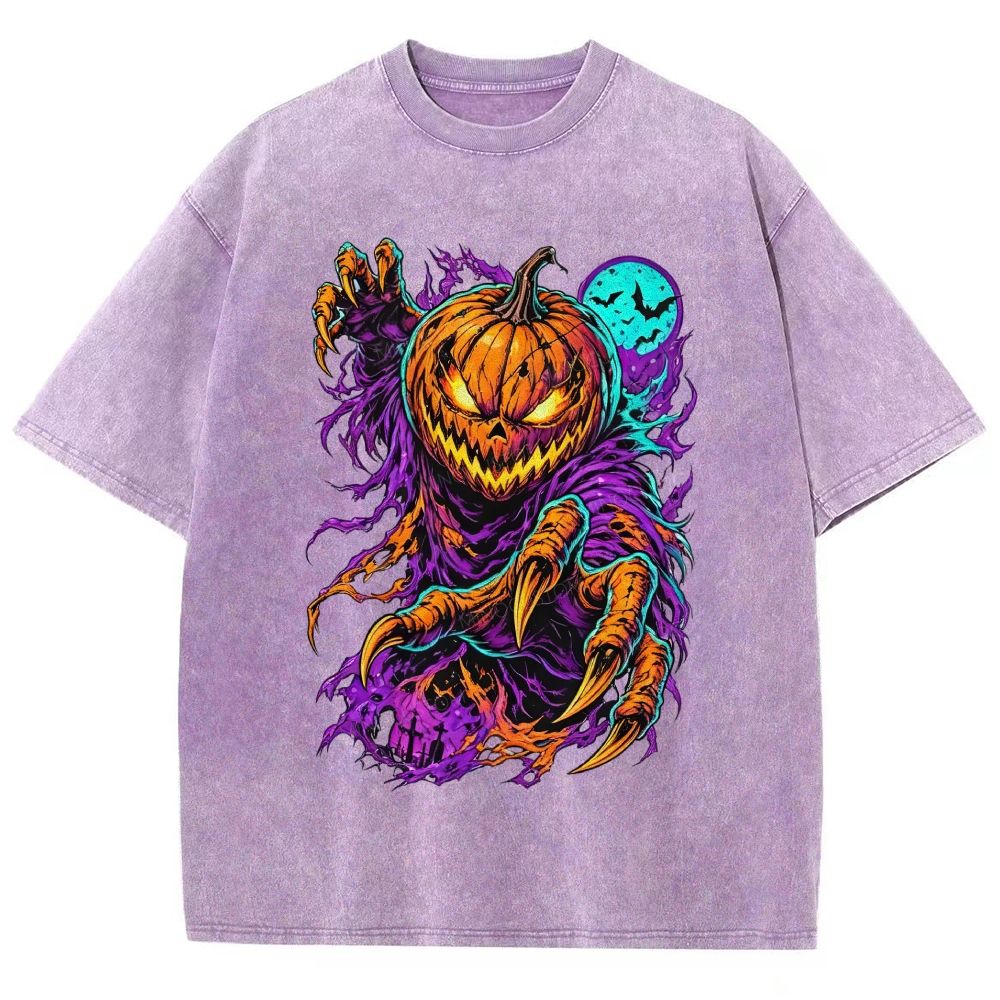 Scary Pumpkin Demon Halloween Graphic Washed T-Shirt
