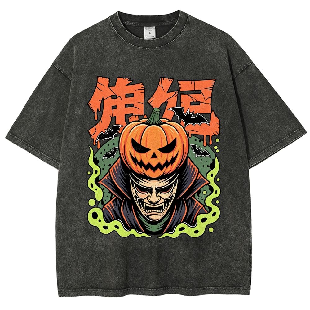 Japanese Halloween Pumpkin Vampire Graphic Washed T-Shirt