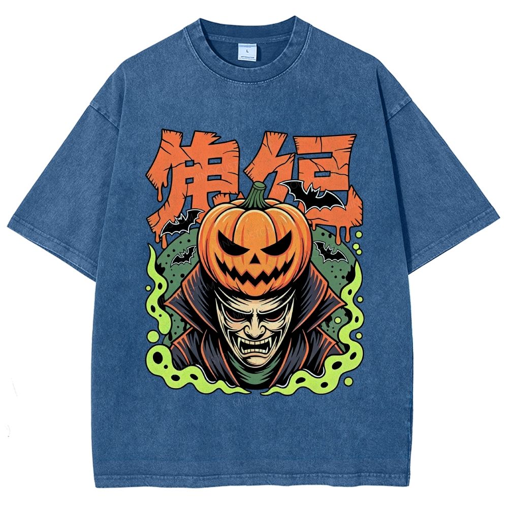 Japanese Halloween Pumpkin Vampire Graphic Washed T-Shirt