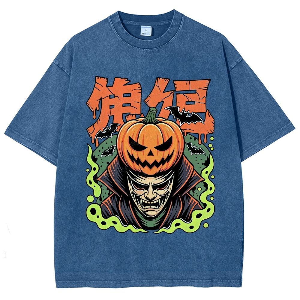 Japanese Halloween Pumpkin Vampire Graphic Washed T-Shirt