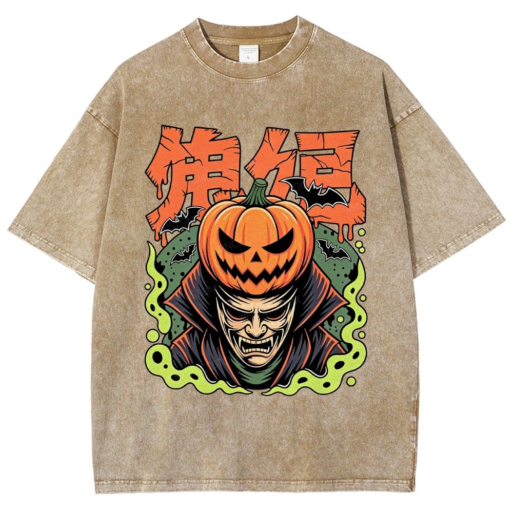 Japanese Halloween Pumpkin Vampire Graphic Washed T-Shirt