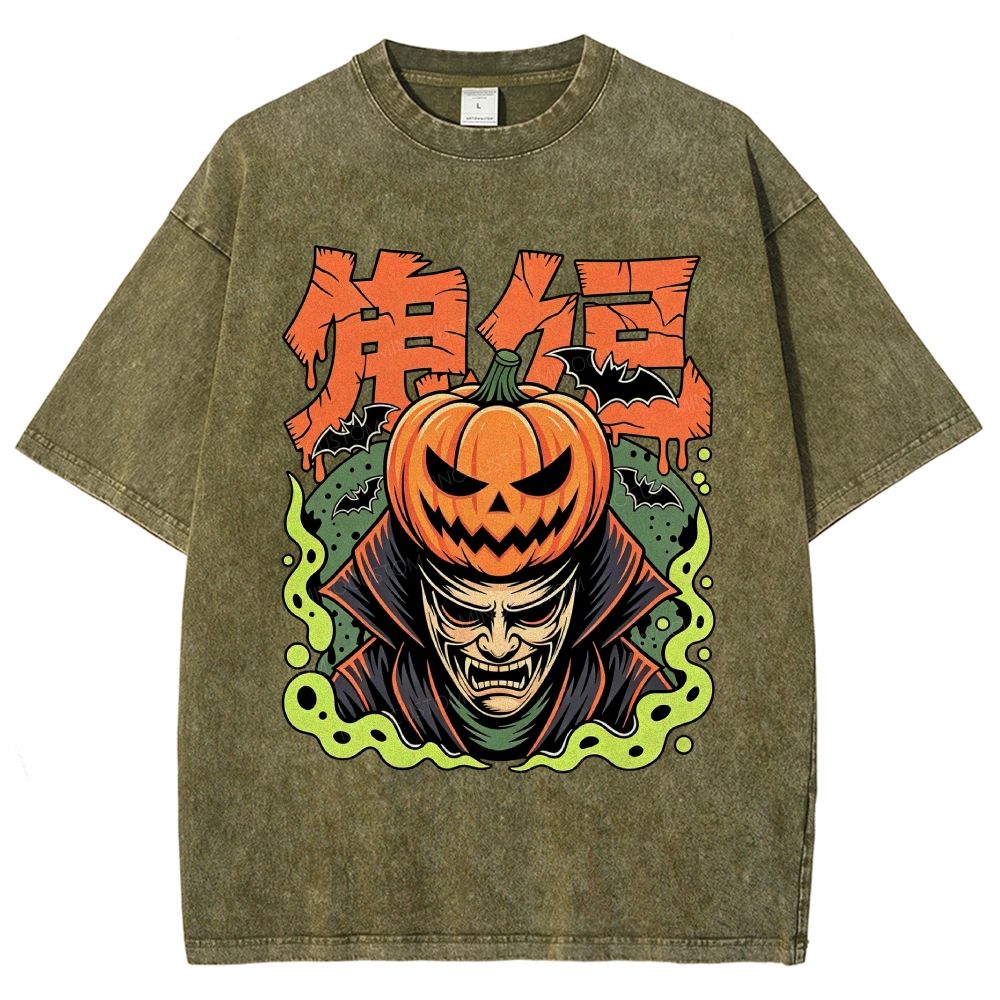 Japanese Halloween Pumpkin Vampire Graphic Washed T-Shirt