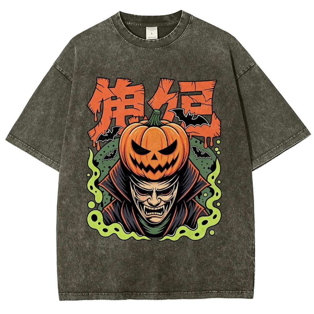 Japanese Halloween Pumpkin Vampire Graphic Washed T-Shirt