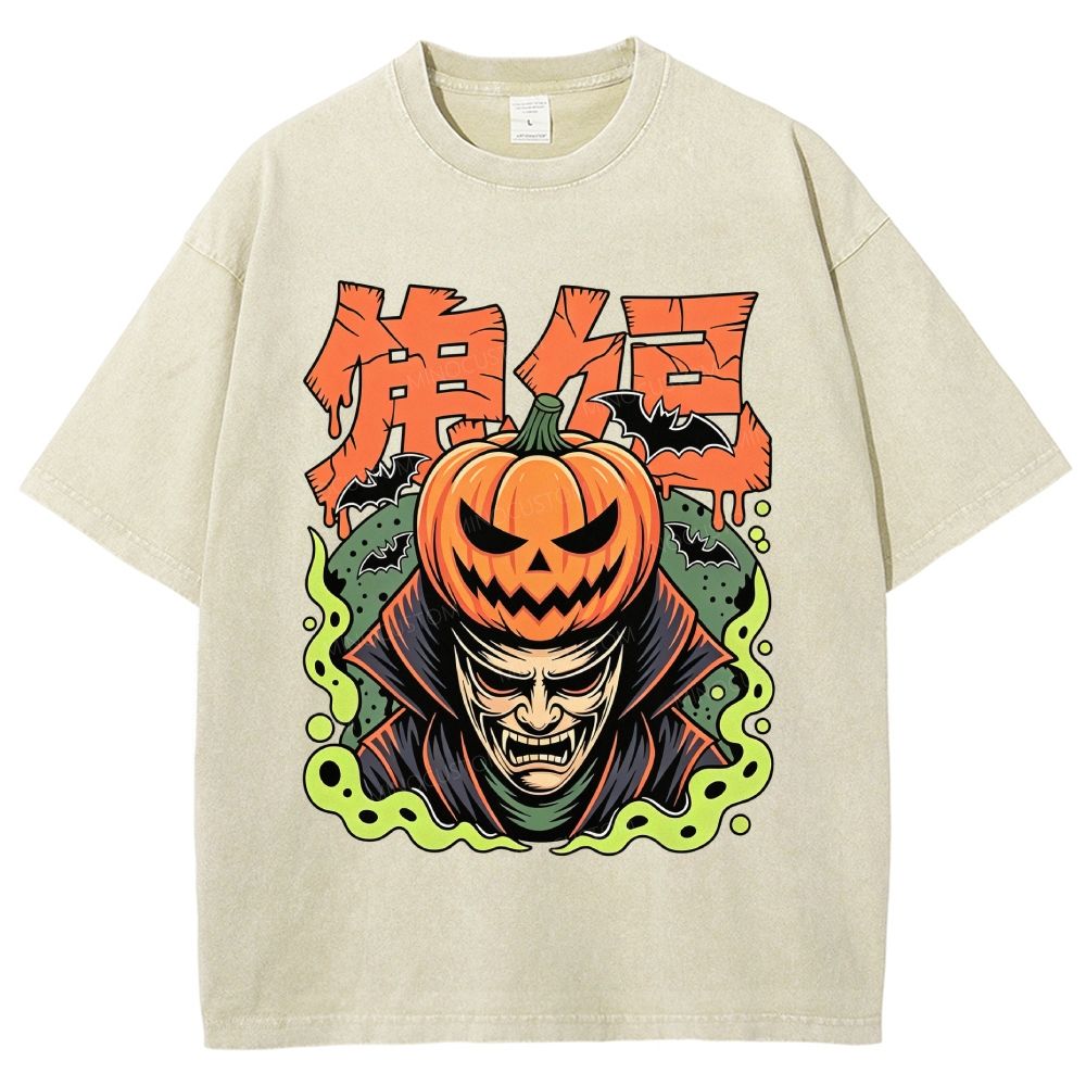 Japanese Halloween Pumpkin Vampire Graphic Washed T-Shirt