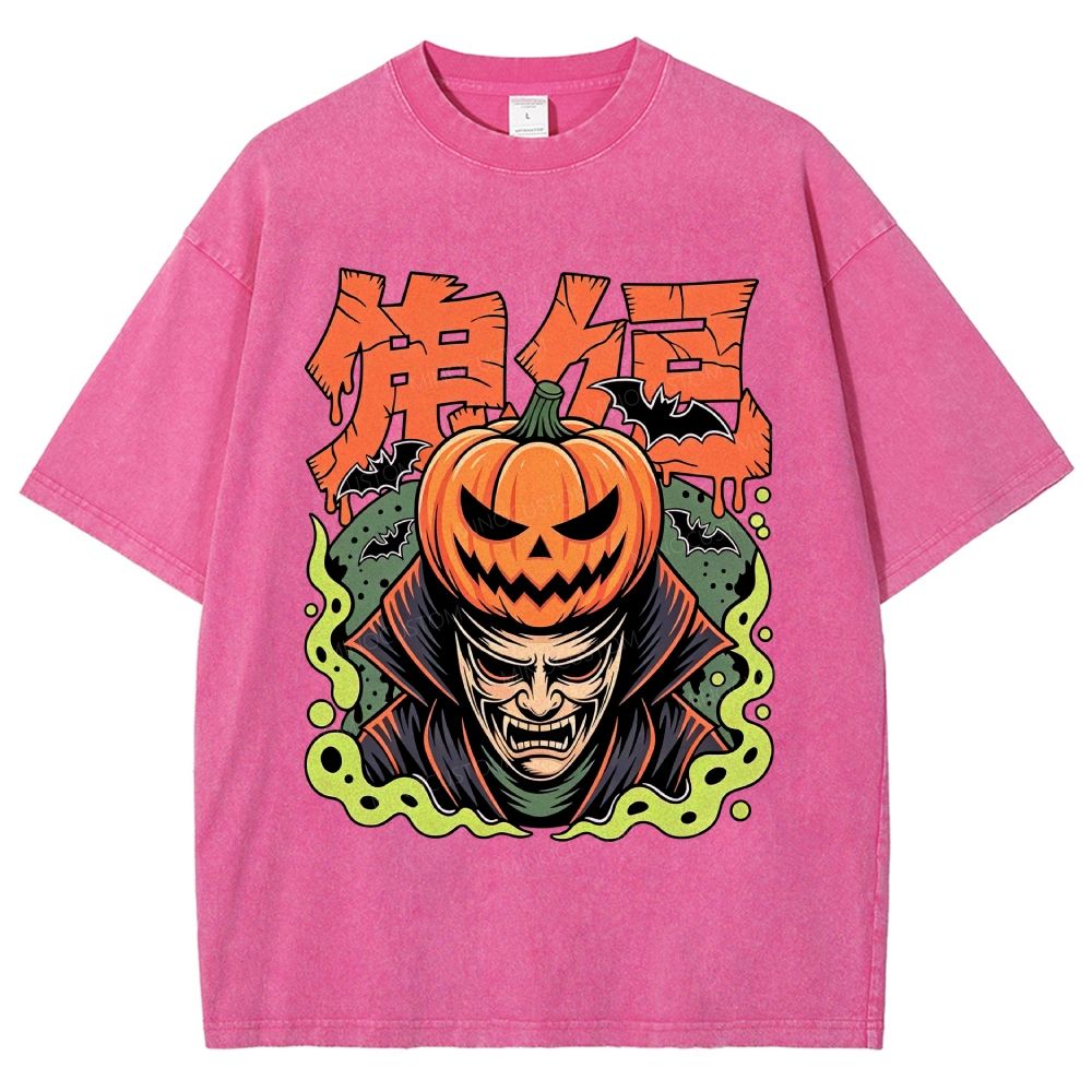 Japanese Halloween Pumpkin Vampire Graphic Washed T-Shirt