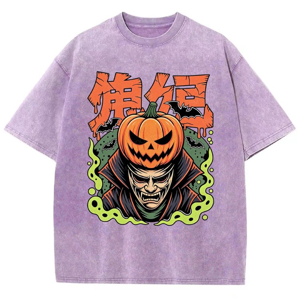 Japanese Halloween Pumpkin Vampire Graphic Washed T-Shirt
