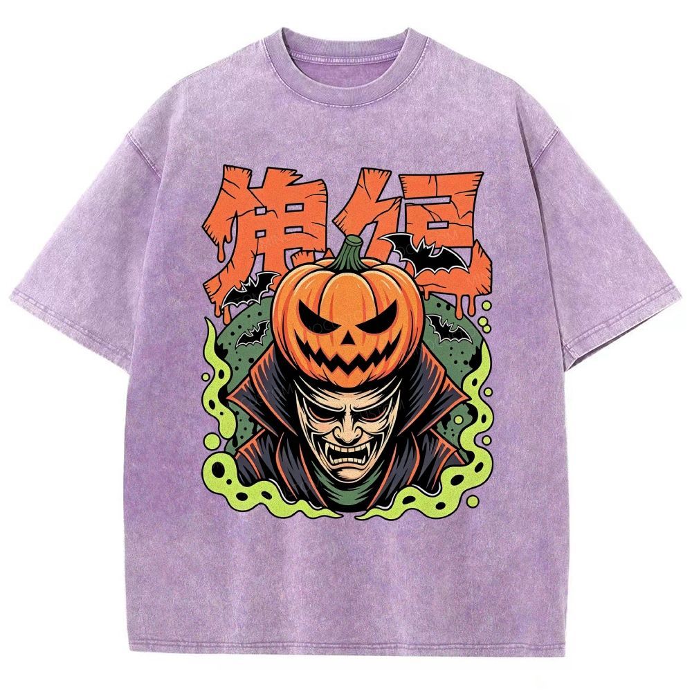 Japanese Halloween Pumpkin Vampire Graphic Washed T-Shirt