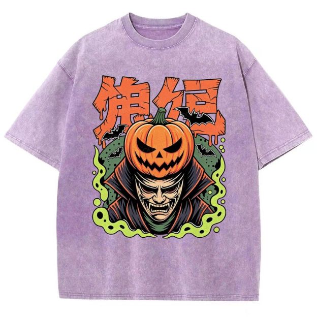 Japanese Halloween Pumpkin Vampire Graphic Washed T-Shirt
