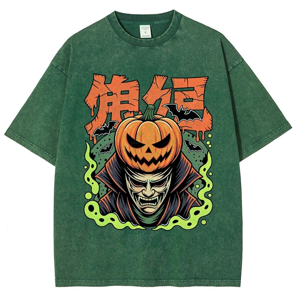Japanese Halloween Pumpkin Vampire Graphic Washed T-Shirt