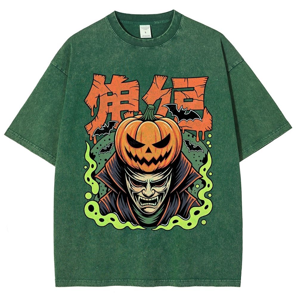 Japanese Halloween Pumpkin Vampire Graphic Washed T-Shirt