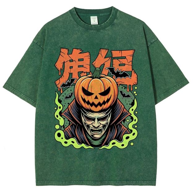Japanese Halloween Pumpkin Vampire Graphic Washed T-Shirt