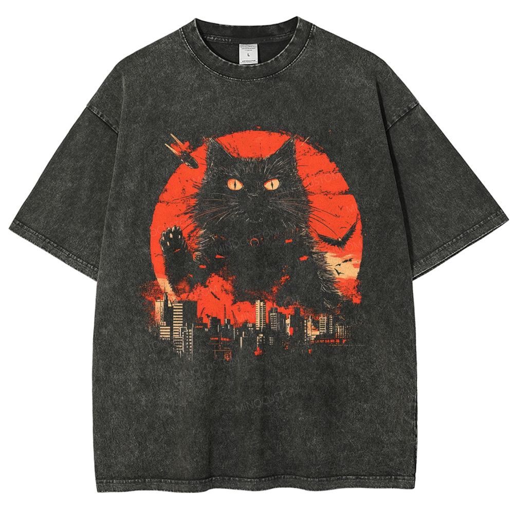 Giant Kaiju Black Cat Retro Graphic Washed T-Shirt