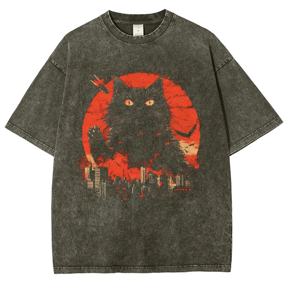 Giant Kaiju Black Cat Retro Graphic Washed T-Shirt