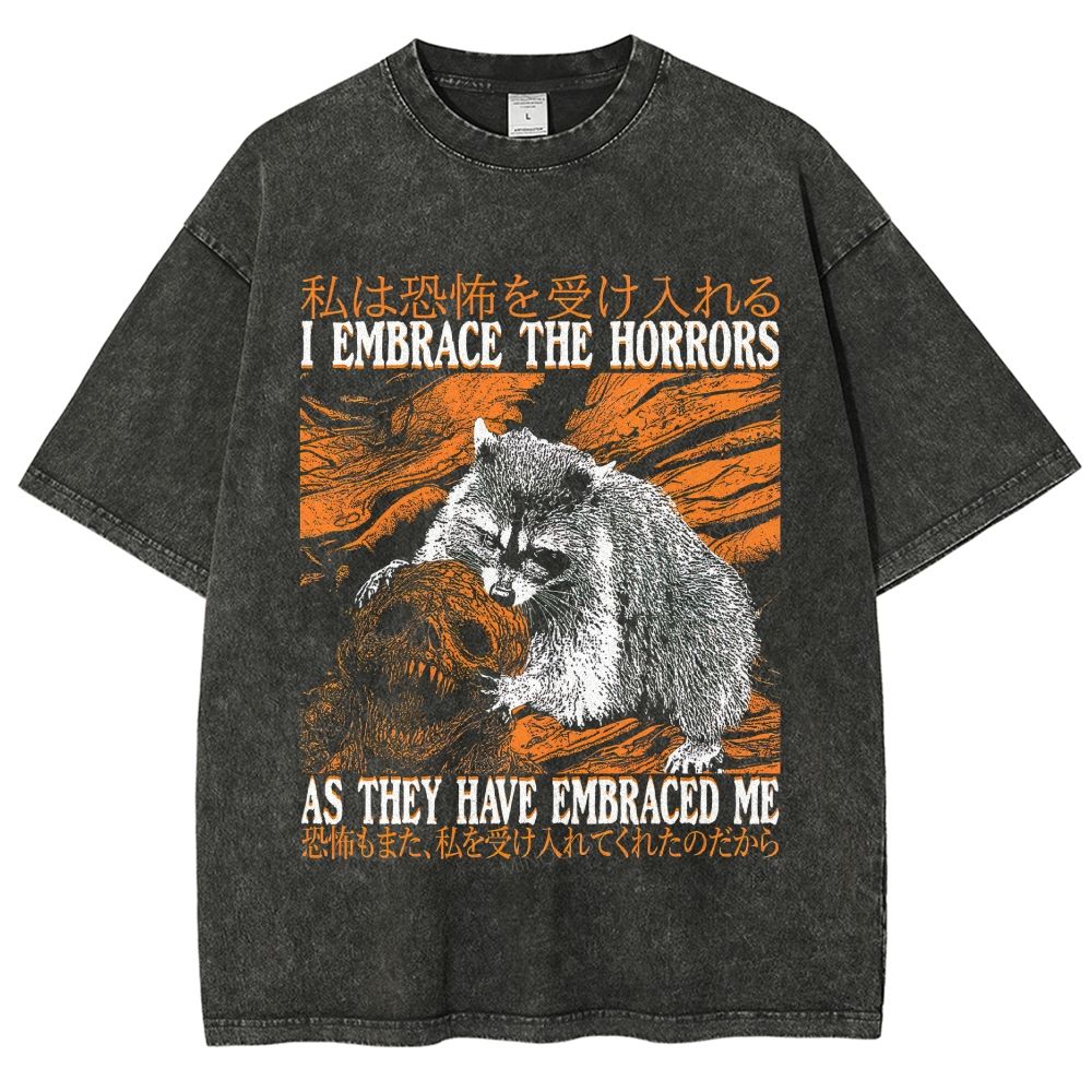 Dark Horror Raccoon Meme Graphic Washed T-Shirt
