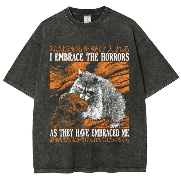 Dark Horror Raccoon Meme Graphic Washed T-Shirt