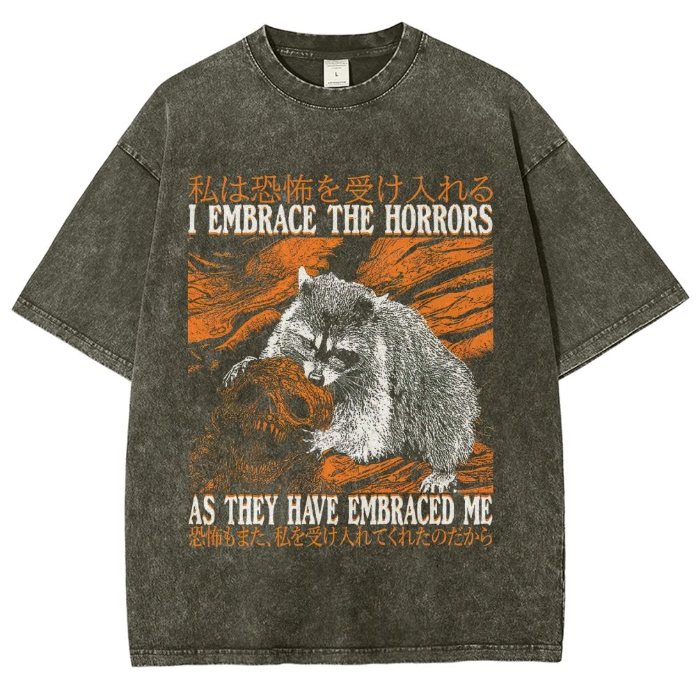 Dark Horror Raccoon Meme Graphic Washed T-Shirt