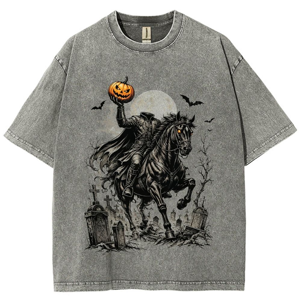 Headless Horseman Halloween Retro Graphic Washed T-Shirt