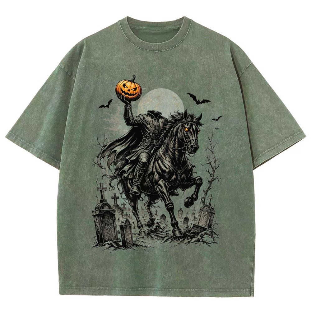 Headless Horseman Halloween Retro Graphic Washed T-Shirt