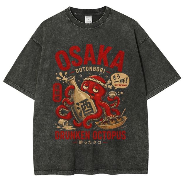 Osaka Drunken Octopus Dotonbori Graphic Washed T-Shirt
