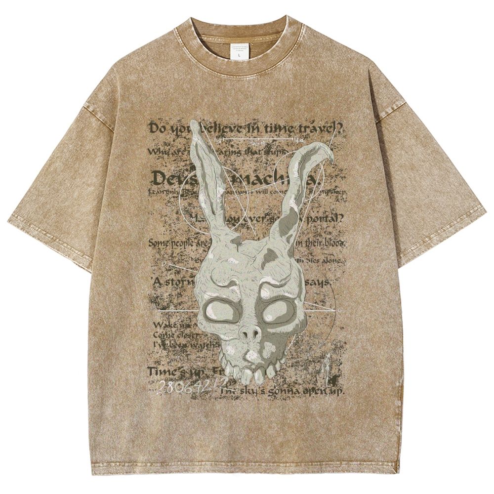 Dark Occult Rabbit Skull Graphic Washed T-Shirt