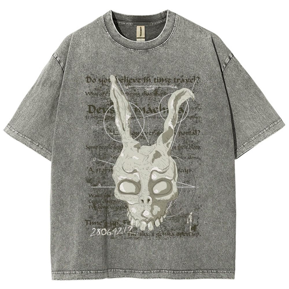 Dark Occult Rabbit Skull Graphic Washed T-Shirt