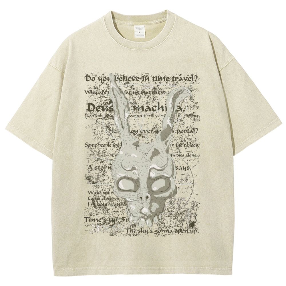 Dark Occult Rabbit Skull Graphic Washed T-Shirt