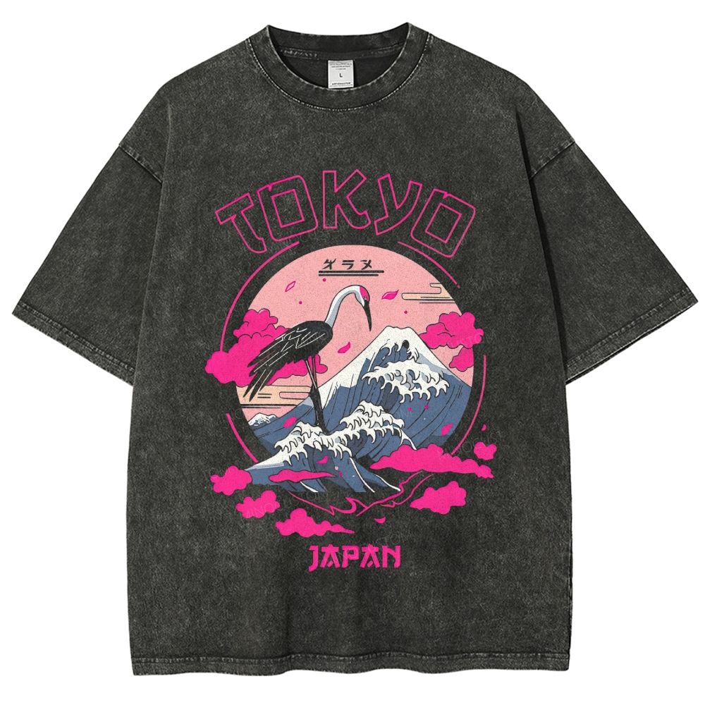 Tokyo Japan Crane Mount Fuji Ukiyo‑e Graphic Washed T-Shirt