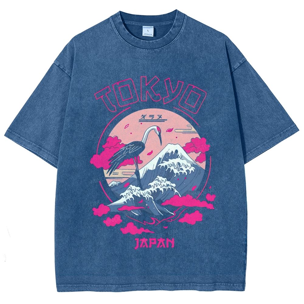 Tokyo Japan Crane Mount Fuji Ukiyo‑e Graphic Washed T-Shirt