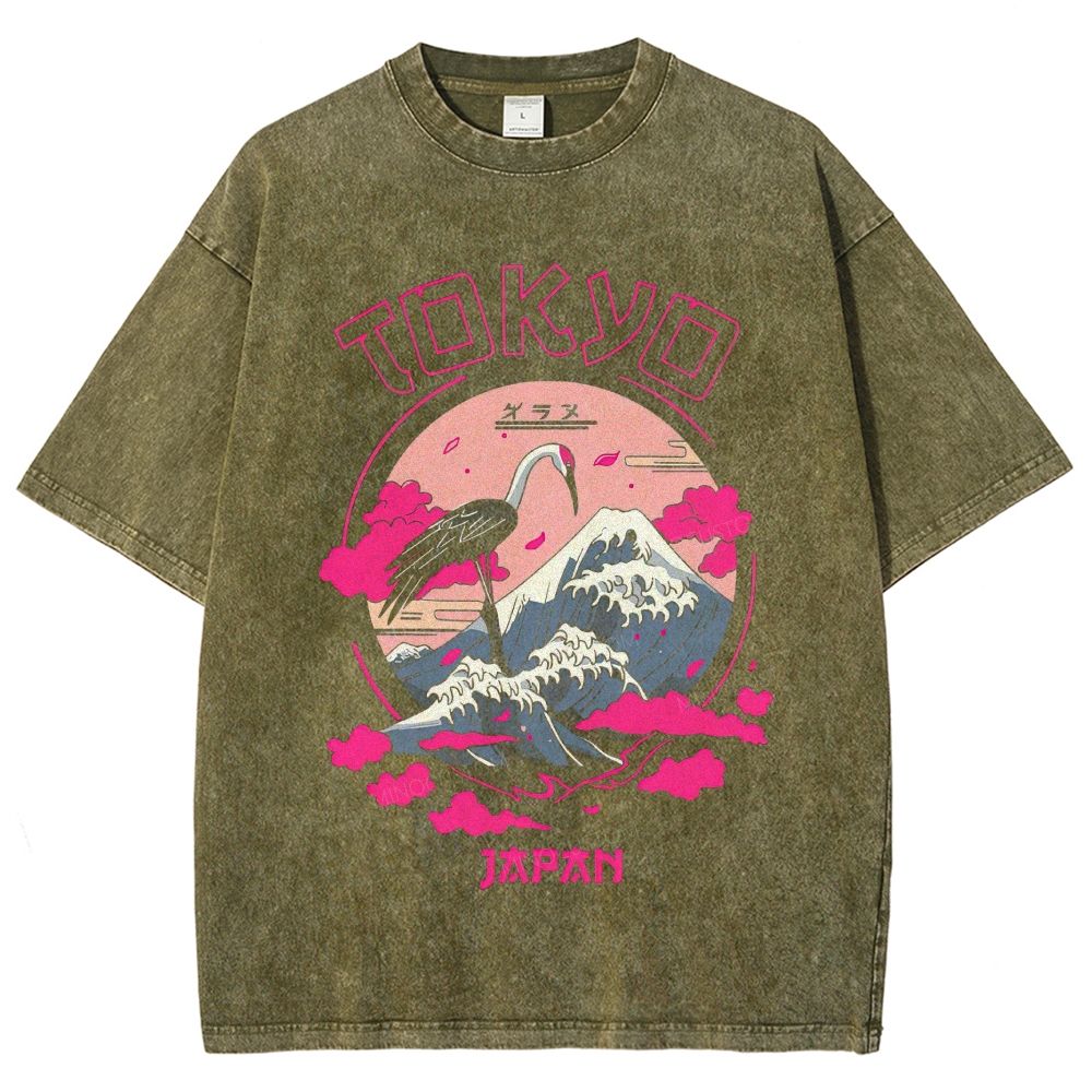 Tokyo Japan Crane Mount Fuji Ukiyo‑e Graphic Washed T-Shirt
