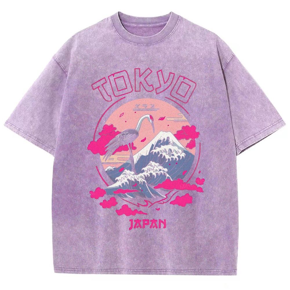 Tokyo Japan Crane Mount Fuji Ukiyo‑e Graphic Washed T-Shirt