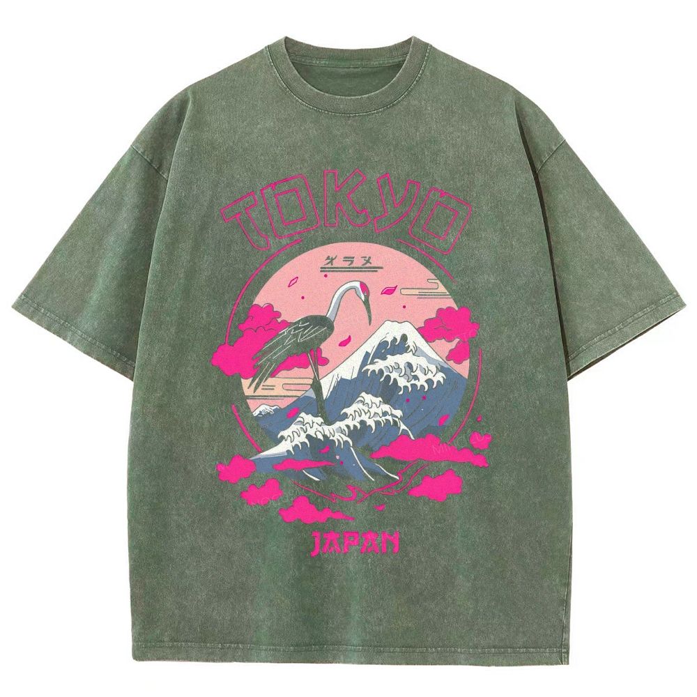 Tokyo Japan Crane Mount Fuji Ukiyo‑e Graphic Washed T-Shirt