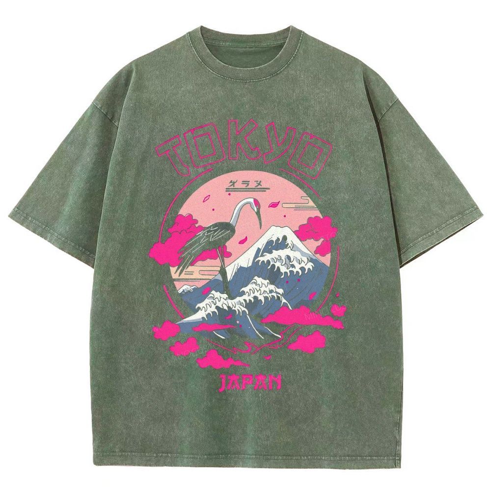 Tokyo Japan Crane Mount Fuji Ukiyo‑e Graphic Washed T-Shirt
