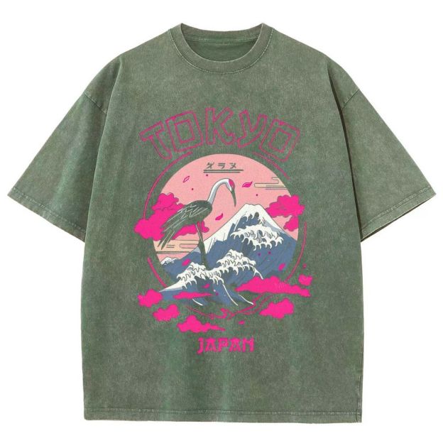Tokyo Japan Crane Mount Fuji Ukiyo‑e Graphic Washed T-Shirt