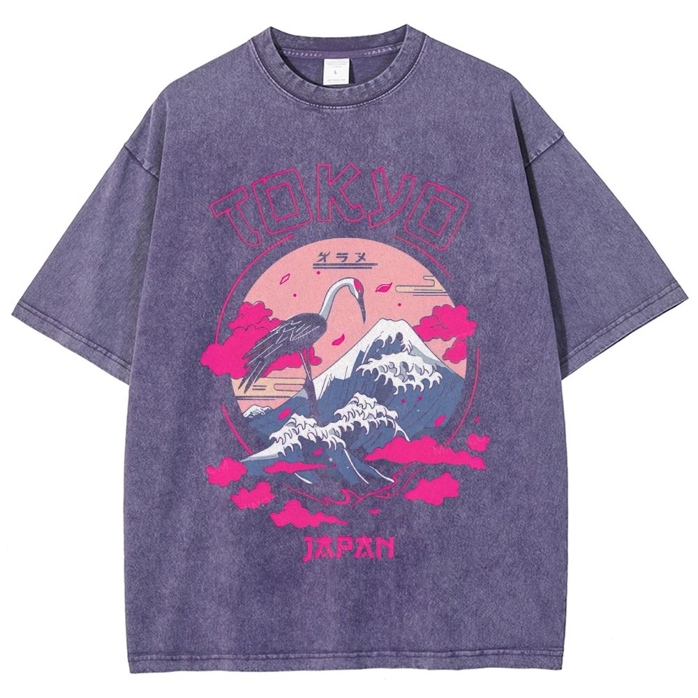 Tokyo Japan Crane Mount Fuji Ukiyo‑e Graphic Washed T-Shirt