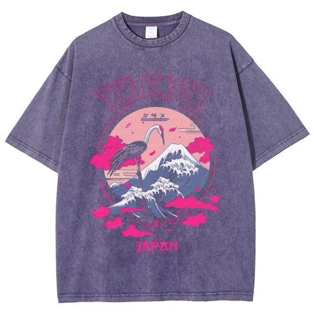 Tokyo Japan Crane Mount Fuji Ukiyo‑e Graphic Washed T-Shirt