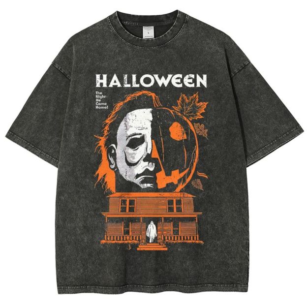 Retro Slasher Halloween Horror Inspired Graphic Washed T-Shirt