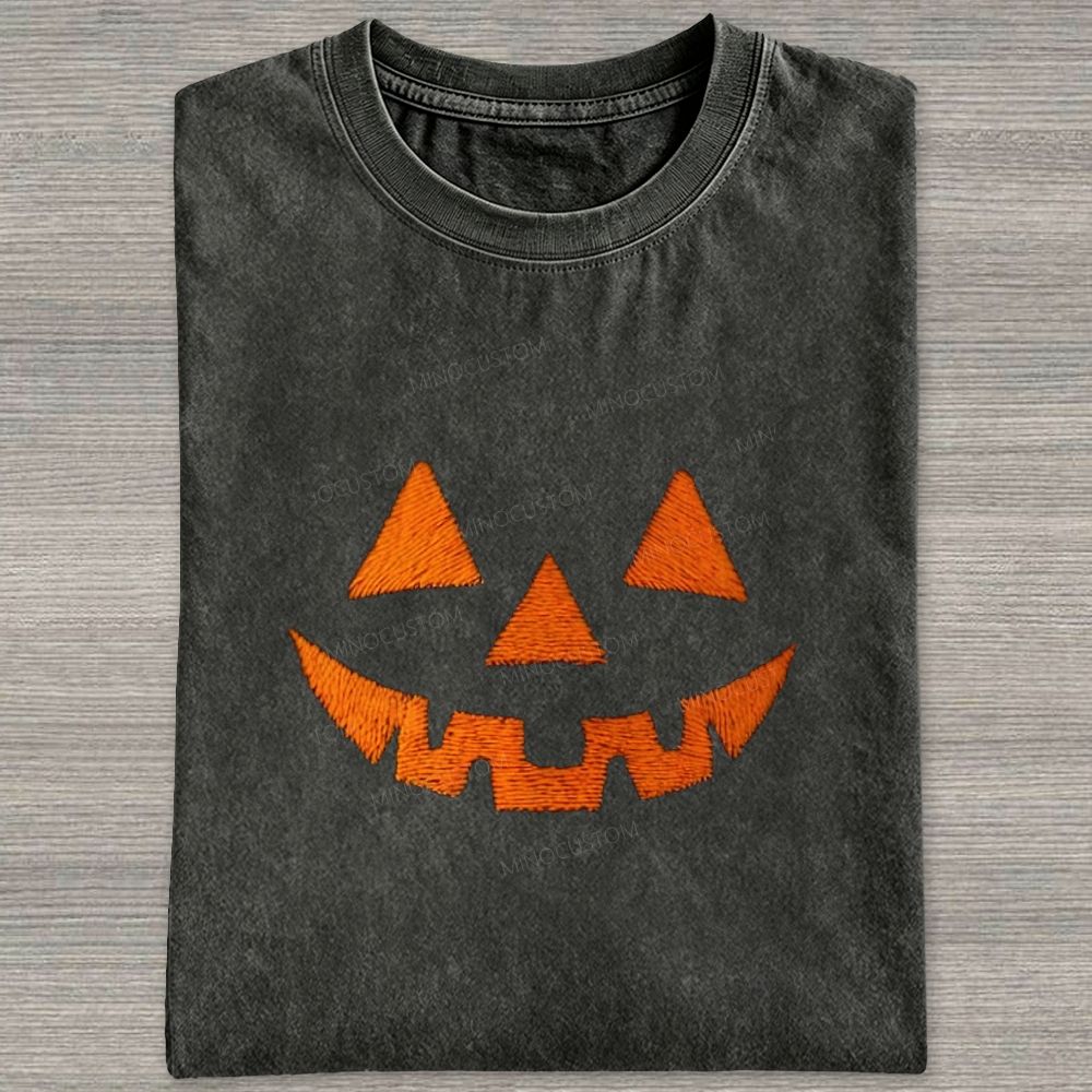 Minimal Retro Jack O Lantern Pumpkin Face Halloween Washed T-shirt
