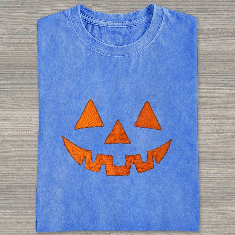 Minimal Retro Jack O Lantern Pumpkin Face Halloween Washed T-shirt