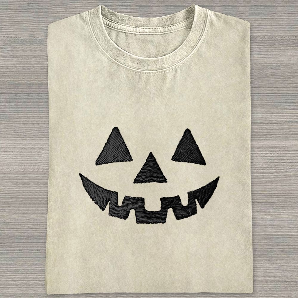 Minimal Retro Jack O Lantern Pumpkin Face Halloween Washed T-shirt